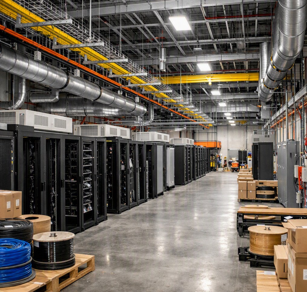 Data center switch room with cable trays, CRAC units, and UPS cabinets